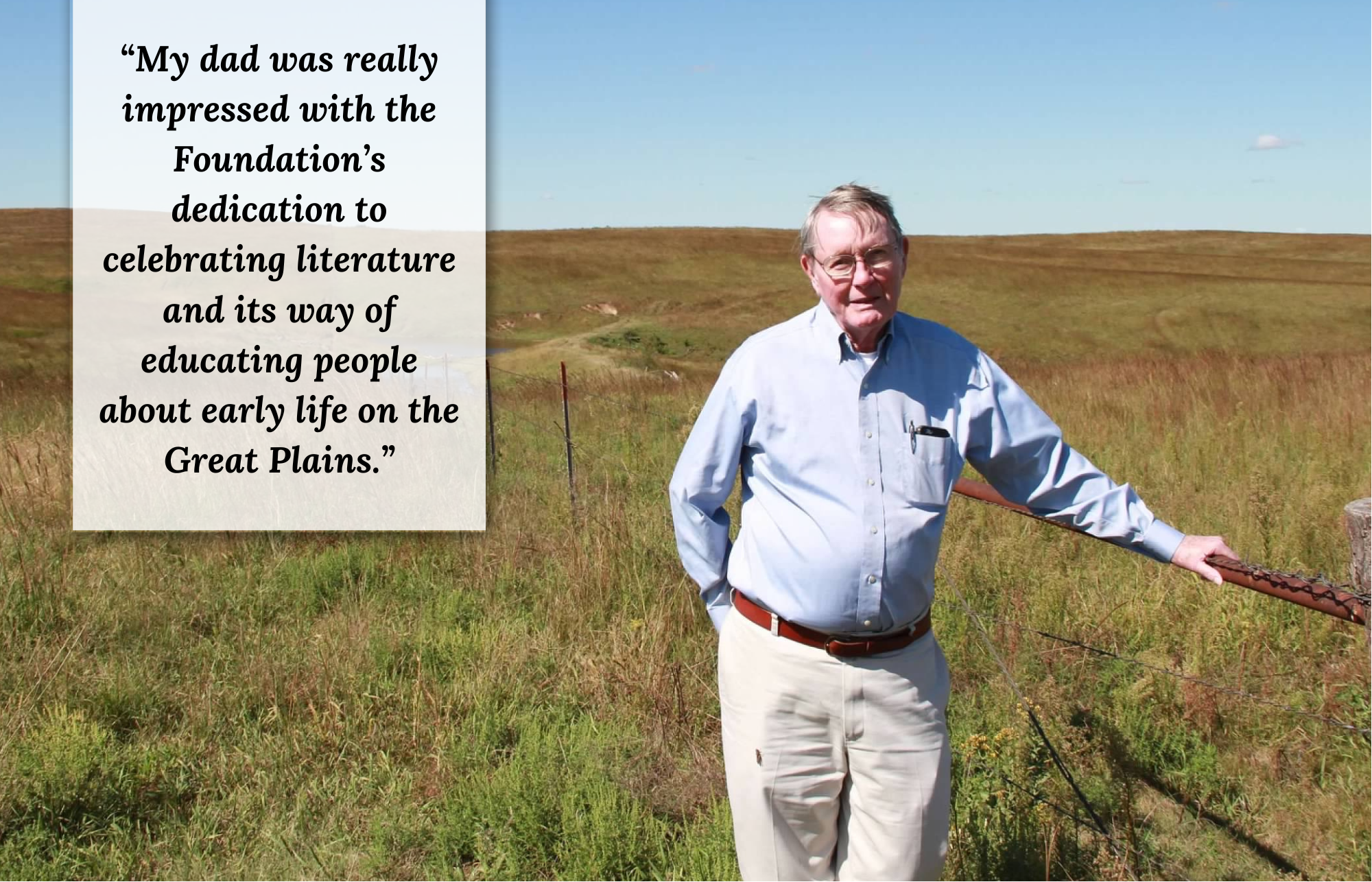 Joseph Kyle stands at the entrance to the Cather Memorial Prairie with the landscape in the background