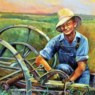 Fixing the Machinery is a painting with a farmer in overalls and an old plow