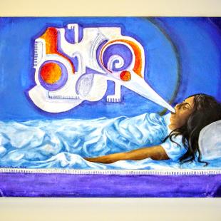 painting of reclining woman with stylized word bubble filled with colorful shapes