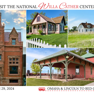 Bus Tour Postcard with photos of the Farmers and Merchants Bank, Childhood Home, Pavelka Farm, and Depot. Reads "Visit the National Willa Cather Center on October 29, 2024 on a bus tour from Omaha and Lincoln to Red Cloud."