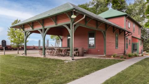 Exterior of the Burlington Depot with new concrete pathway. 