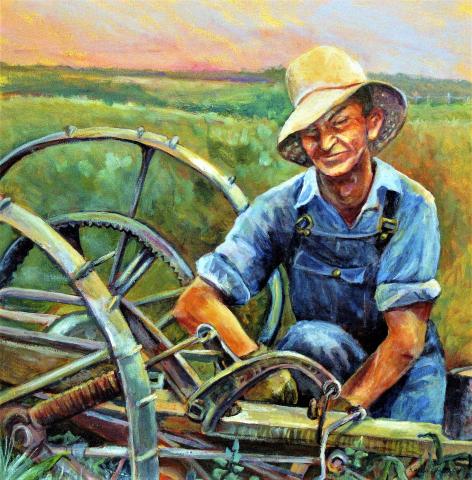 Fixing the Machinery is a painting with a farmer in overalls and an old plow