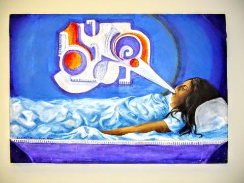 painting of reclining woman with stylized word bubble filled with colorful shapes