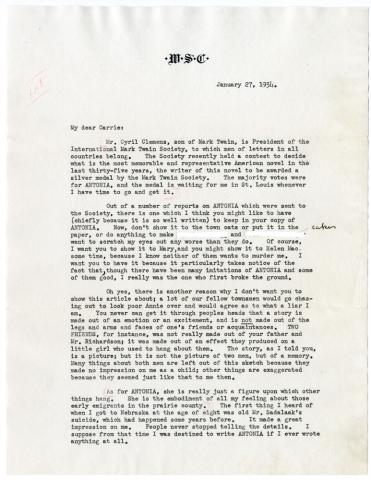 1934 Letter from Willa Cather to Carrier Miner Sherwood