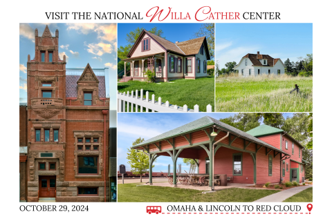 Bus Tour Postcard with photos of the Farmers and Merchants Bank, Childhood Home, Pavelka Farm, and Depot. Reads "Visit the National Willa Cather Center on October 29, 2024 on a bus tour from Omaha and Lincoln to Red Cloud."