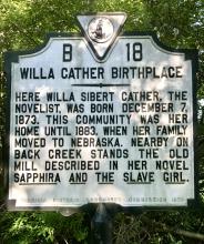 historic sign marking the Willa Cather birthplace in Virginia.
